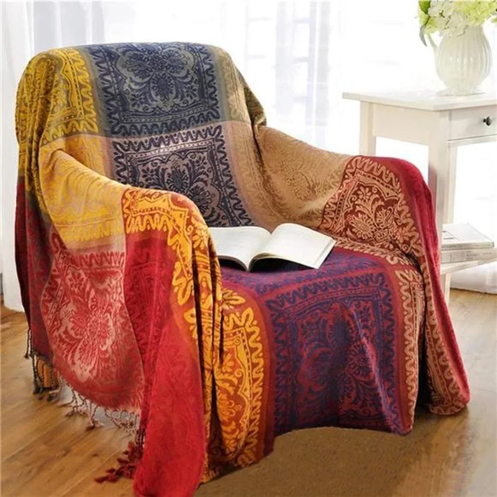 Boho Sofa Cover, Chenille Jacquard Tassels Throw Blankets for Couch bed